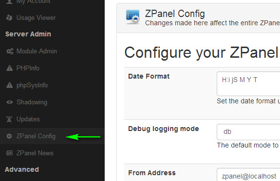 zpanel config