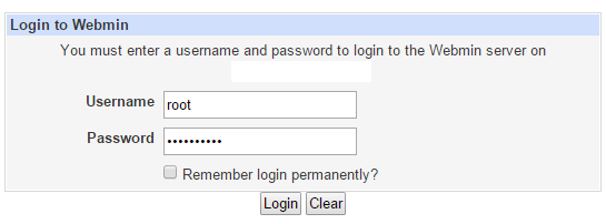 webmin login page